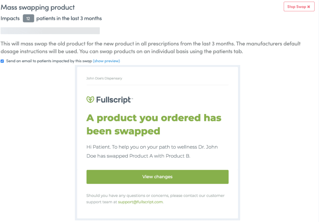 Fullscript platform showing email notification to patients when product is swapped