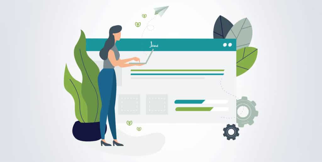 designed illustration of woman standing with laptop in hand and Jane platform dashboard in the back