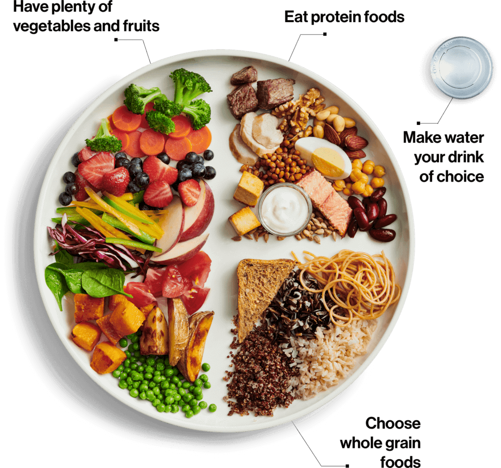 plate with food groups explaining the new Canadian Food Guide