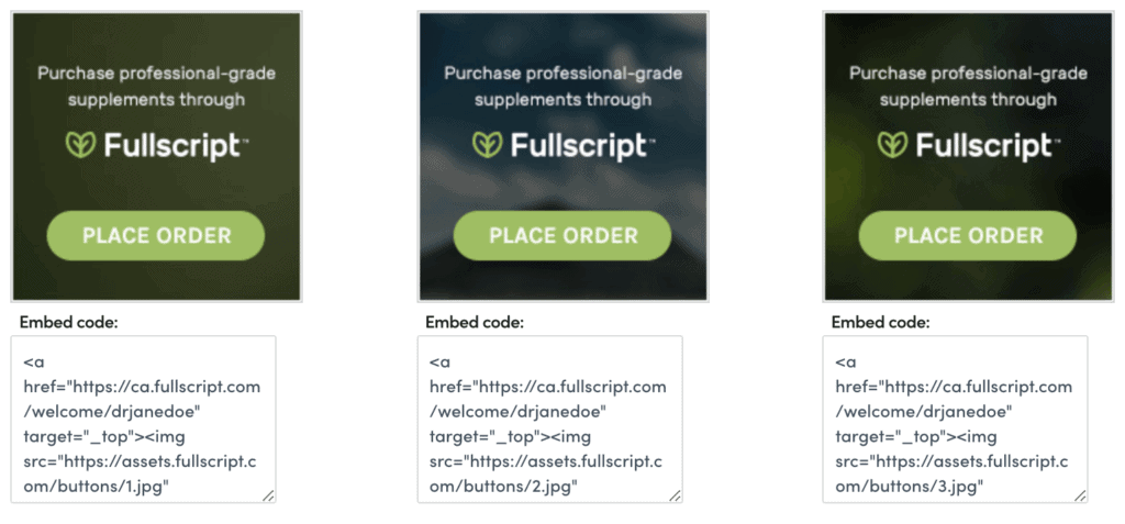 Visual of three website buttons with accompanying embedded code.