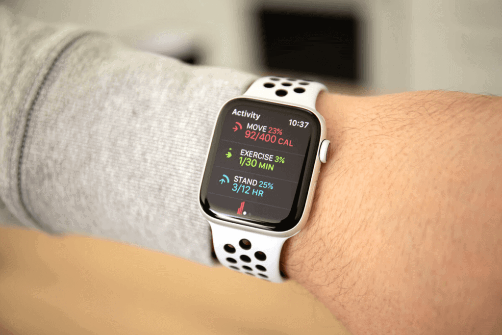 close up on a person's hand wearing an Apple Watch with the health app open