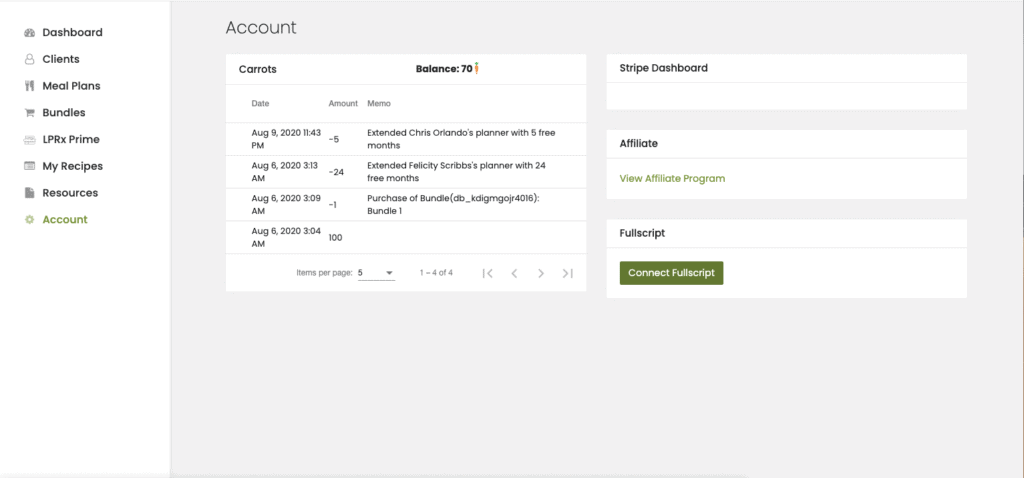 Living Plate Account Screenshot