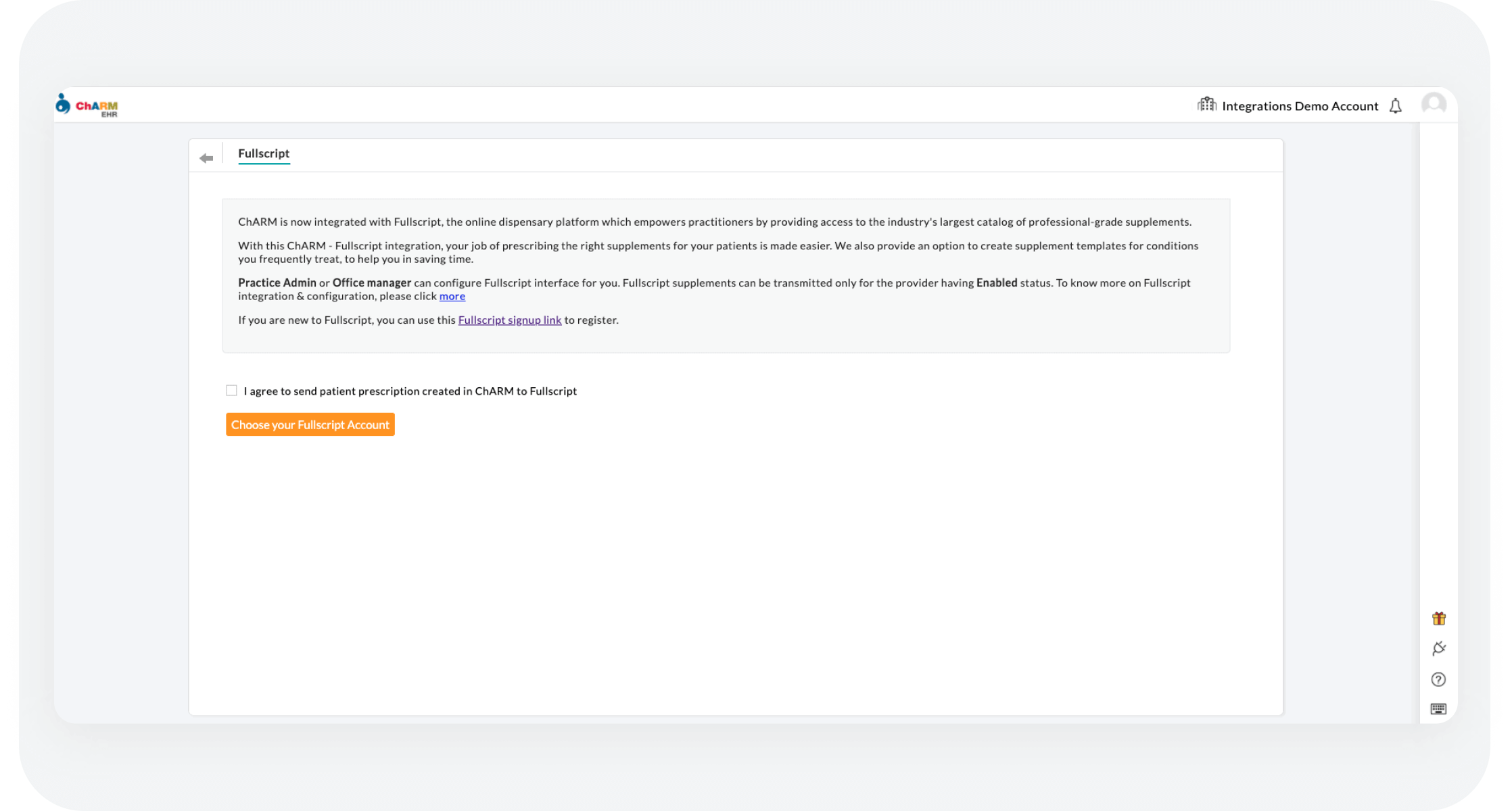 integrations partner screenshot of Fullscript account confirmation in the CharmHealth platform