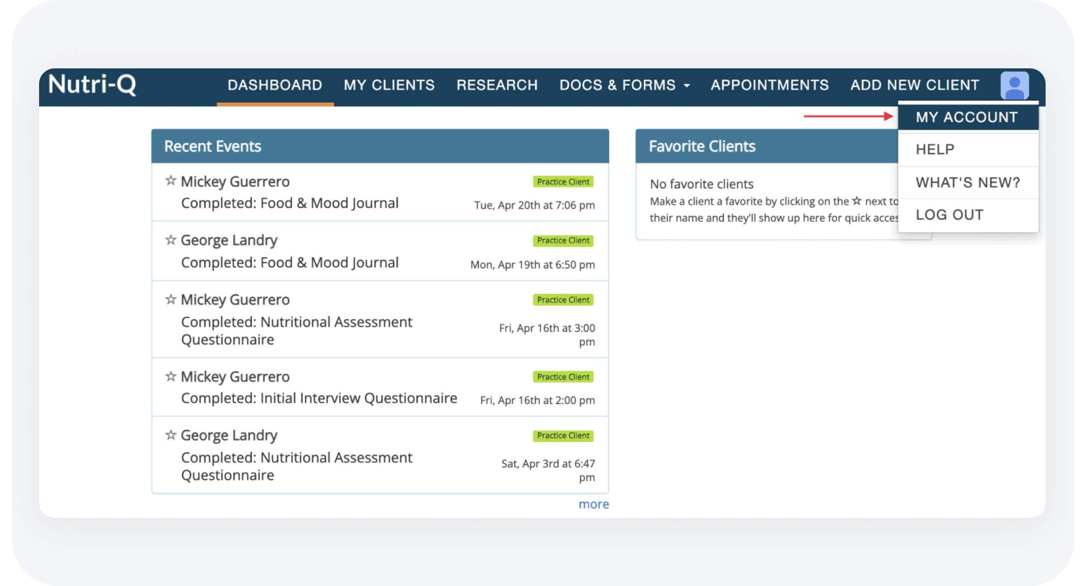 integrations partner screenshot of location of “My Account” in Nutri-Q platform