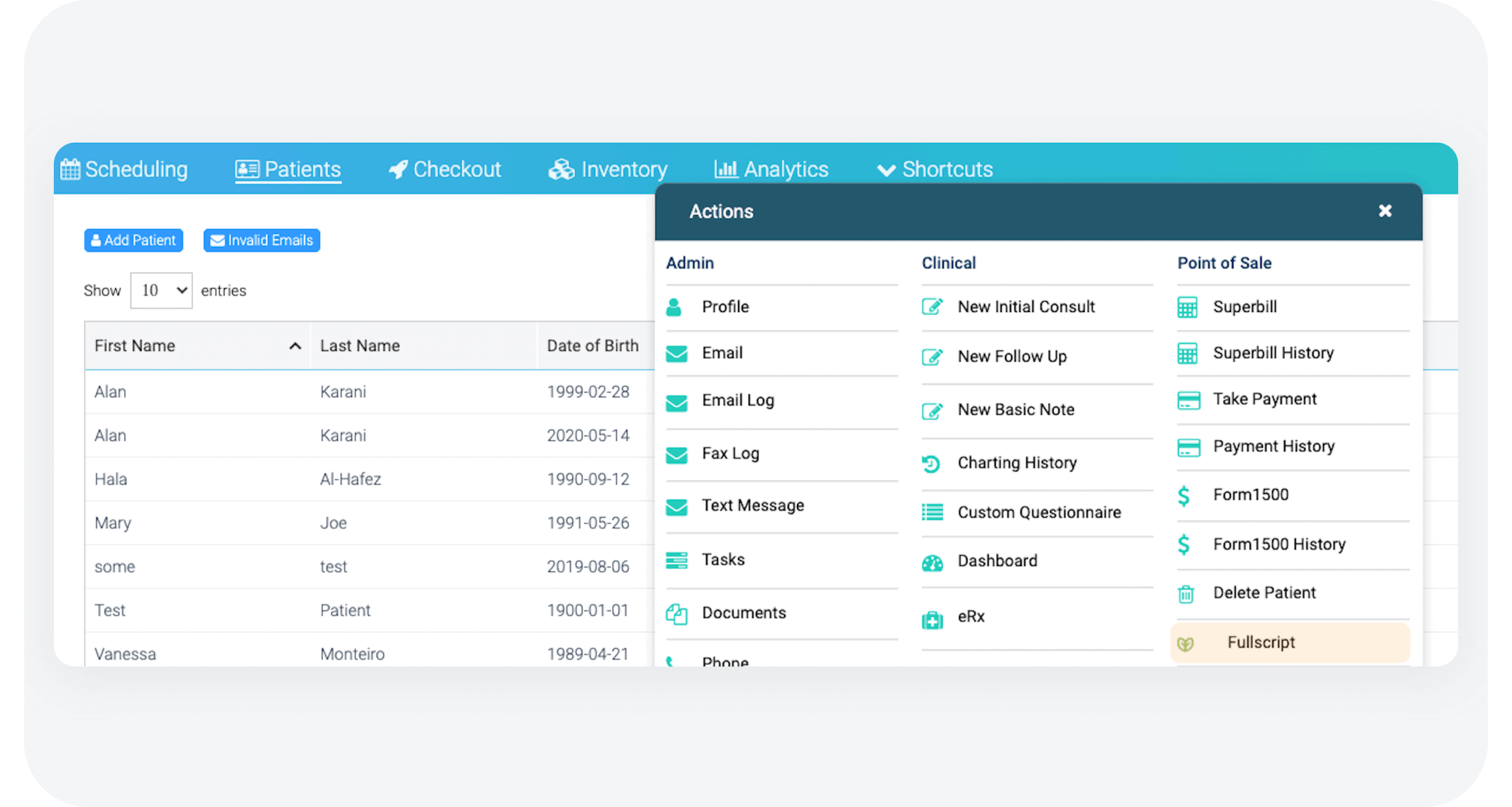 integrations partner screenshot of Fullscript integration in the Patient list’s “Actions” menu