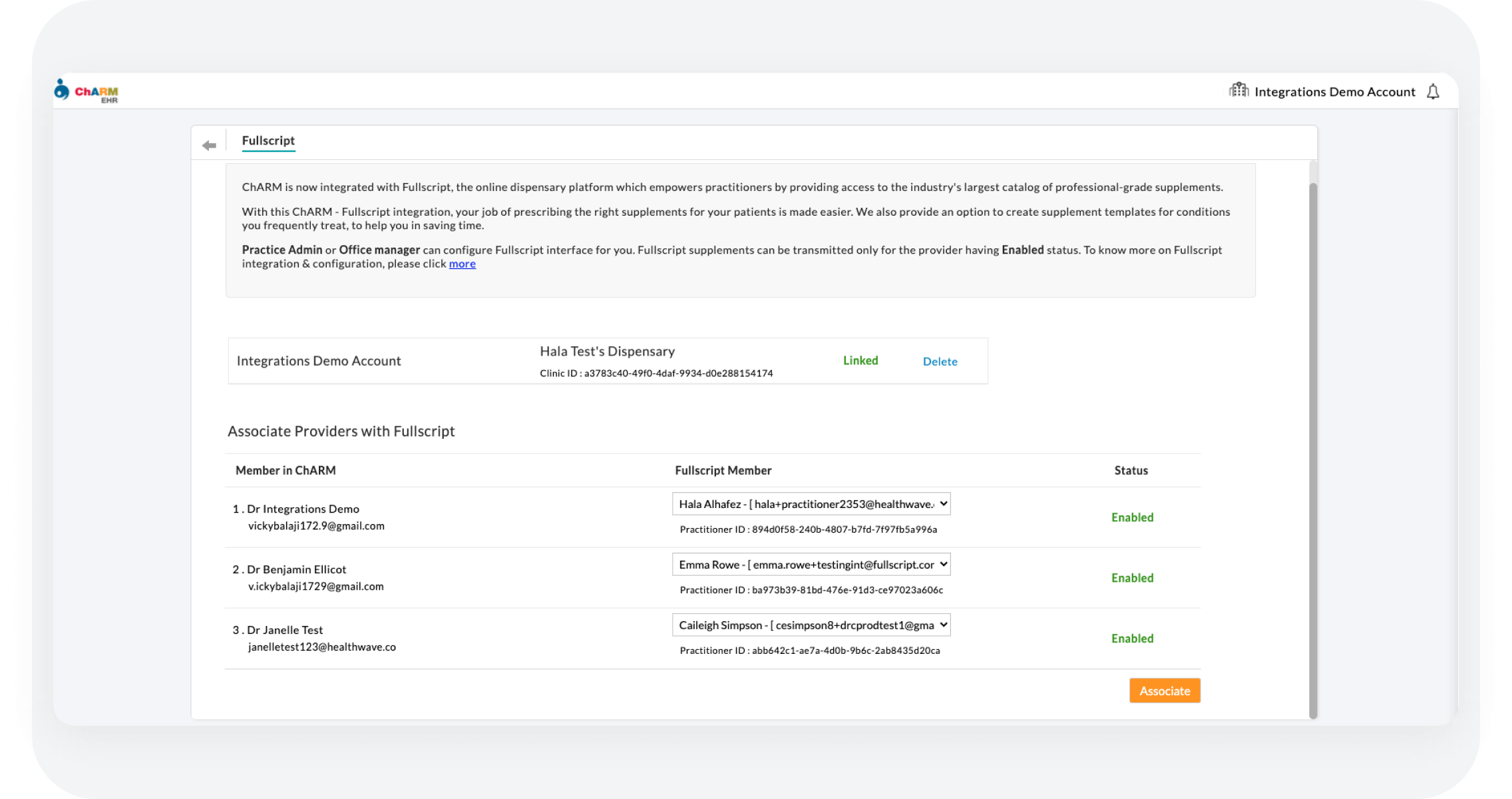 integrations partner screenshot of Fullscript member-matching screen in the Charm Health platform
