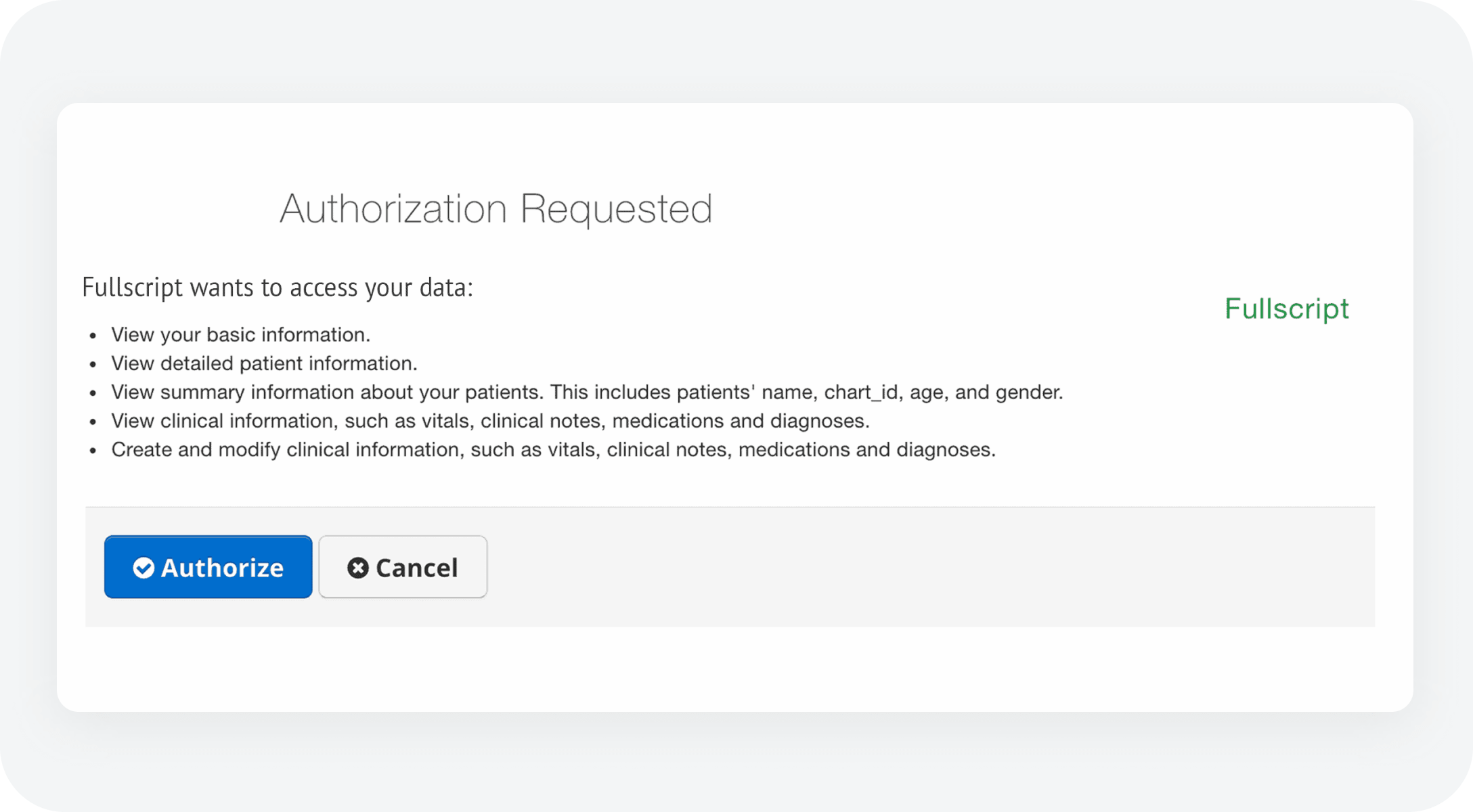 integrations partner screenshot of Fullscript authorization request in DrChrono plaform