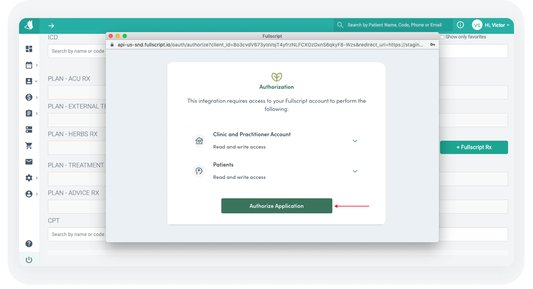 integrations partner screenshot of Fullscript authorization pop-up