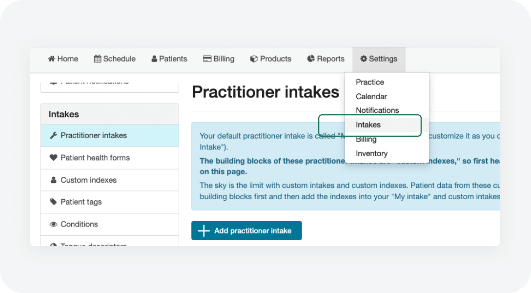 Screenshot of Practitioner intakes in AcuBliss