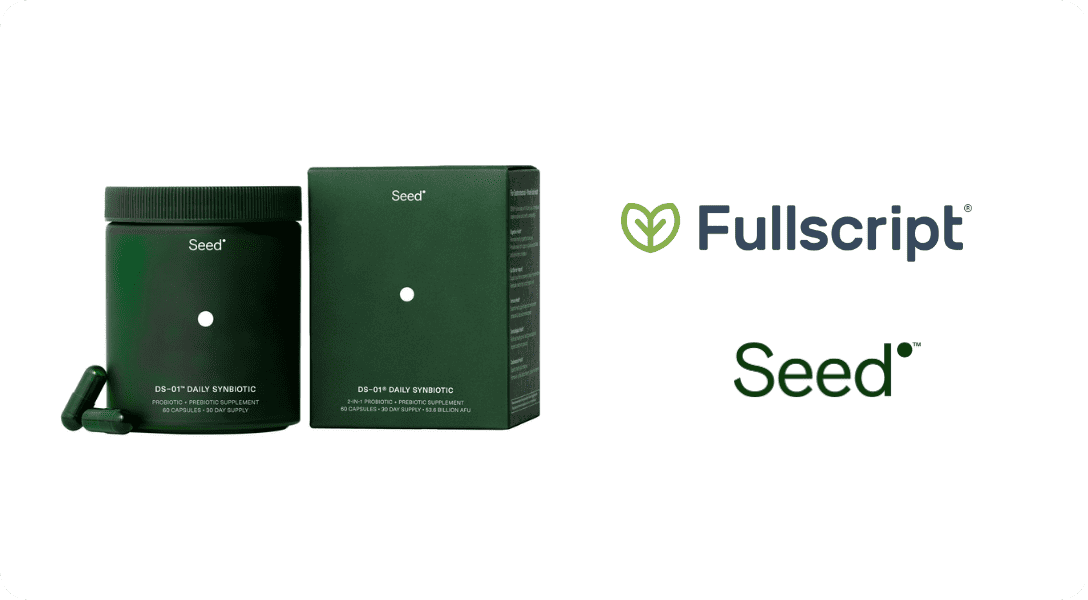 Picture of seed bottle and the Fullscript and Seed logos
