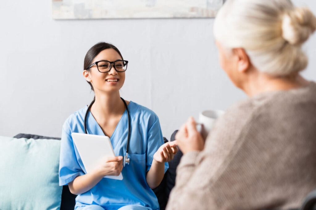 A woman is engaged in a conversation.